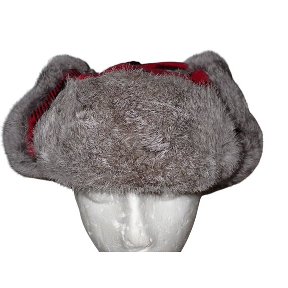 Eskimo Ice Fishing Gear‎ Red Black Buffalo Plaid Fur Flap Hat Alaskan Hunting L - Picture 9 of 11